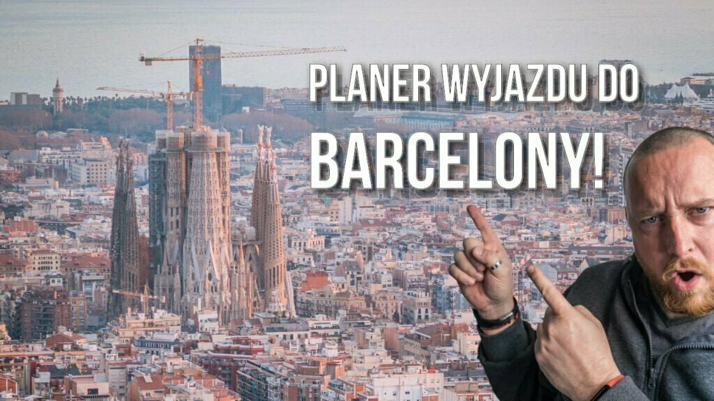 Planer wyjazdu do Barcelony! 2 Panorama barcelony z napisaem planer wyjazduy do barcelony który wskazuje postać na pierwszym planie