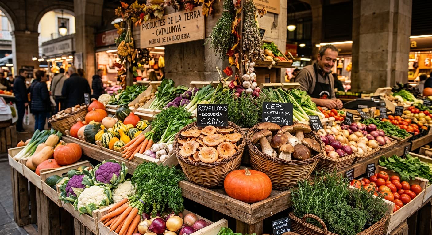 Sezonowe warzywa i grzyby na targu w Barcelonie