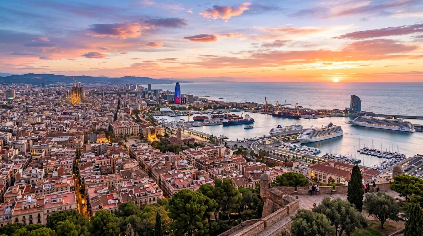 Barcelona na weekend — intensywny plan 48h dla zabieganych 3 Widok z Montjuïc na port w Barcelonie o zachodzie słońca