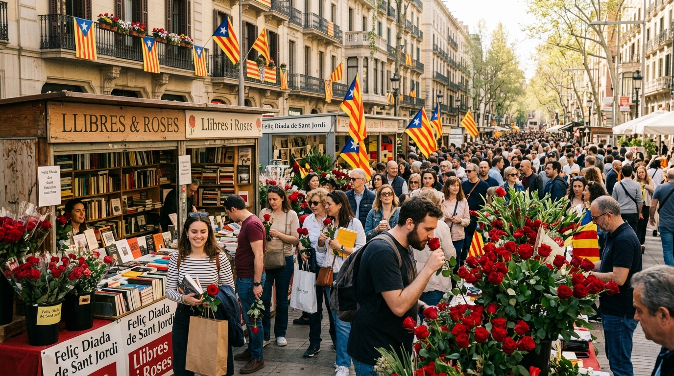Wakacje w Barcelonie w 2026 — kalendarz świąt, festiwali i zamknięć, które zaskakują turystów 6 Sant Jordi w Barcelonie — książki i róże