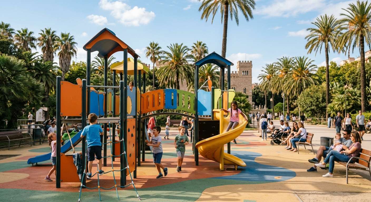 Dzieci bawiące się na placu zabaw w Park Güell