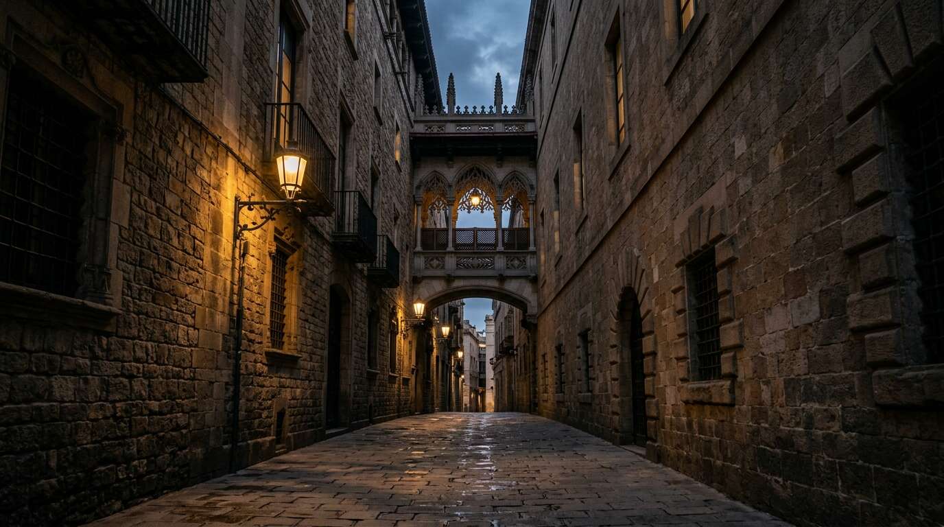 Barri Gòtic po zmroku — legendy, duchy i tajemnicze historie średniowiecznej Barcelony 5 Carrer del Bisbe w Barcelonie nocą