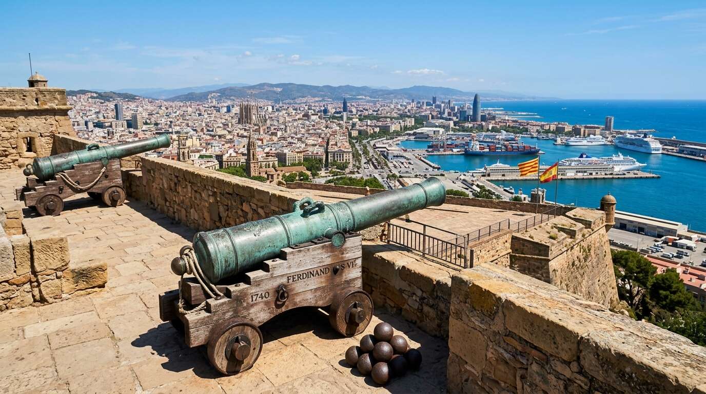 Castell de Montjuïc za darmo — sekretne tarasy widokowe, godziny otwarcia i jak uniknąć tłumów 2 Castell de Montjuïc — armaty na murach twierdzy z widokiem na Barcelonę