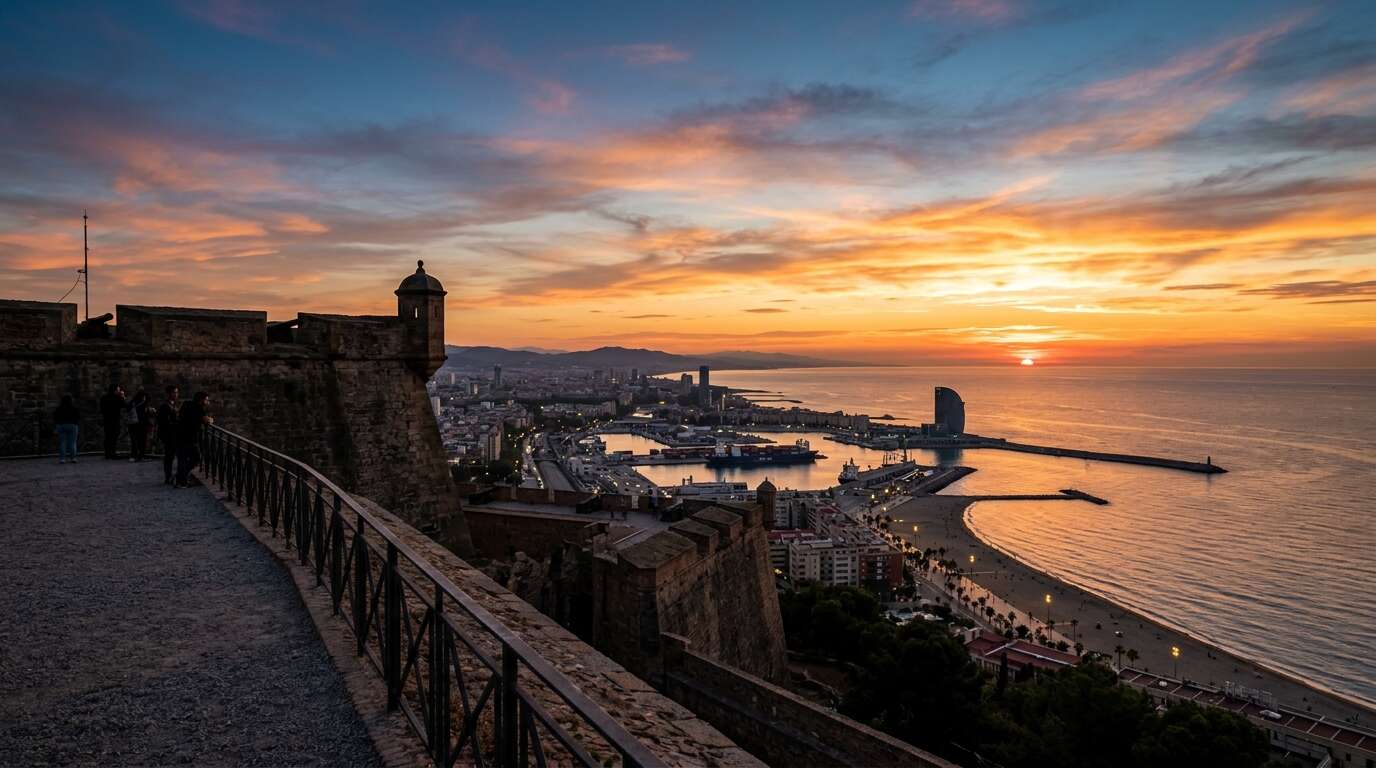 Castell de Montjuïc za darmo — sekretne tarasy widokowe, godziny otwarcia i jak uniknąć tłumów 3 Zachód słońca nad Barceloną widziany z tarasów Castell de Montjuïc