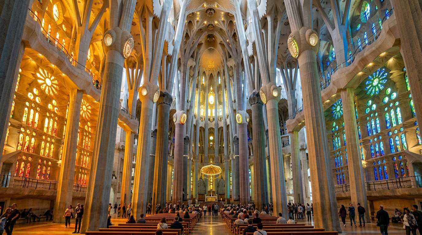 La Sagrada Familia bez kolejki — jak kupić bilety, ominąć tłumy i nie przepłacić 6 Wnętrze Sagrada Familia z kolumnami i witrażami