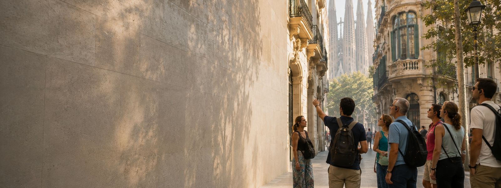 Grupa z polskim przewodnikiem na Passeig de Gracia, w tle Sagrada Familia