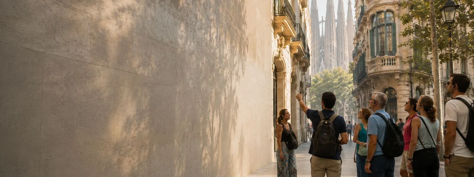 Grupa z polskim przewodnikiem na Passeig de Gracia, w tle Sagrada Familia