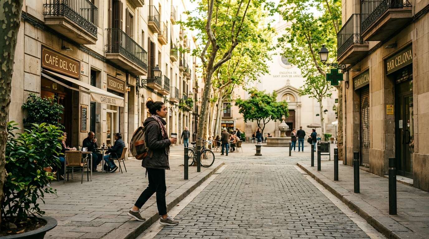 Barcelona solo — jak zwiedzać miasto samemu: bezpieczeństwo, jedzenie przy barze i miejsca, gdzie poznasz ludzi bez wysiłku 4 Uliczka w dzielnicy Gràcia w Barcelonie