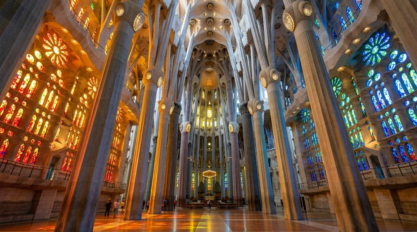 Wnętrze Sagrada Família w Barcelonie — kolorowe witraże zalewające kamienne kolumny światłem w deszczowy dzień
