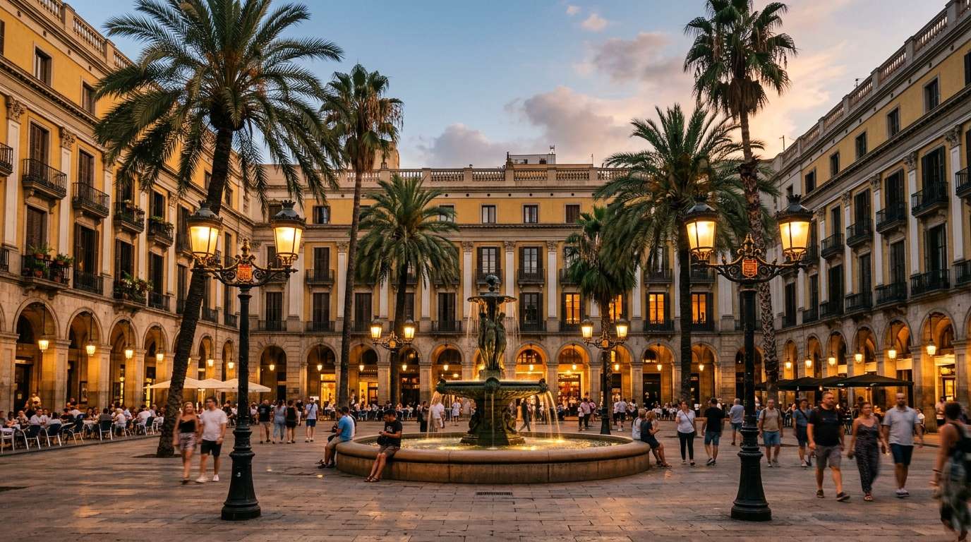 Plaça Reial w Barcelonie z palmami i ozdobnymi latarniami projektu Gaudiego
