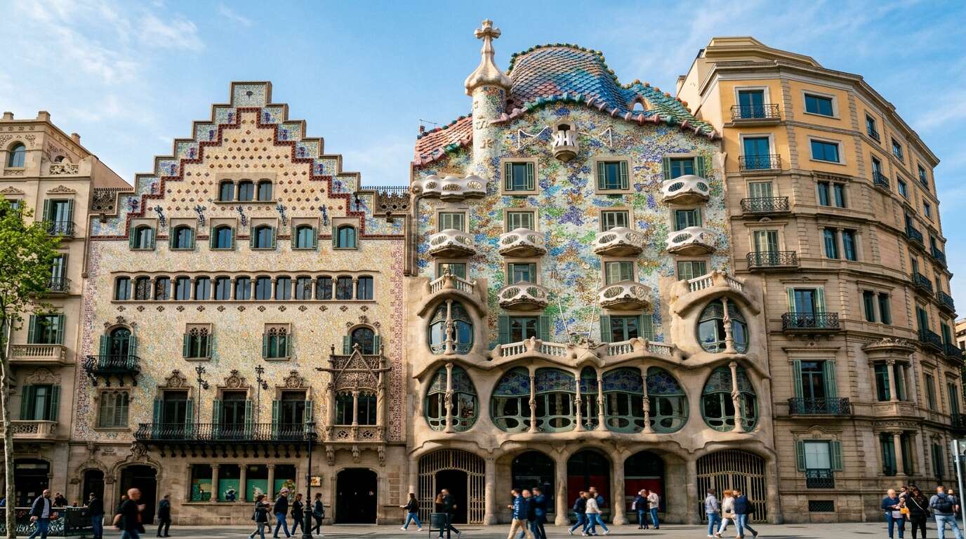 Gaudí dla początkujących — trasa po najważniejszych dziełach mistrza w jeden dzień 5 Casa Batlló w Barcelonie — fasada pokryta kolorową mozaiką i dach jak grzbiet smoka