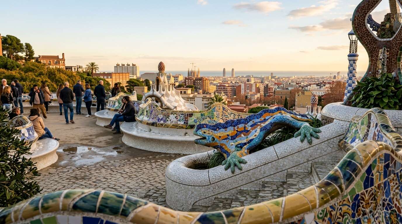 Gaudí dla początkujących — trasa po najważniejszych dziełach mistrza w jeden dzień 7 Park Güell w Barcelonie — mozaikowa salamandra i falująca ławka z widokiem na miasto