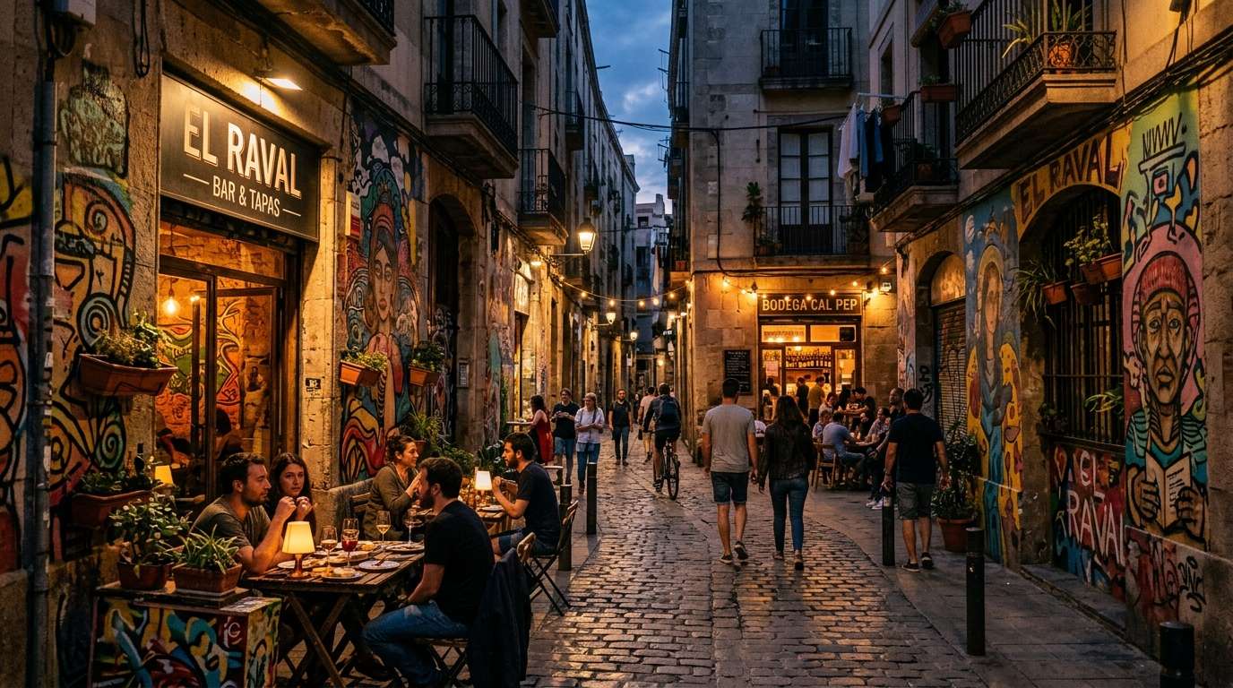 Uliczka El Raval z muralami i barami tapas