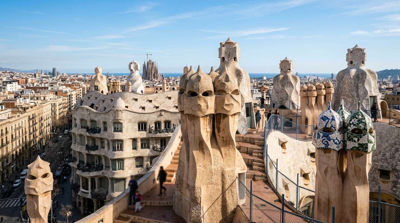 Gaudí dla początkujących — trasa po najważniejszych dziełach mistrza w jeden dzień 6 La Pedrera (Casa Milà) — dach z rzeźbiarskimi kominami i falująca kamienna fasada