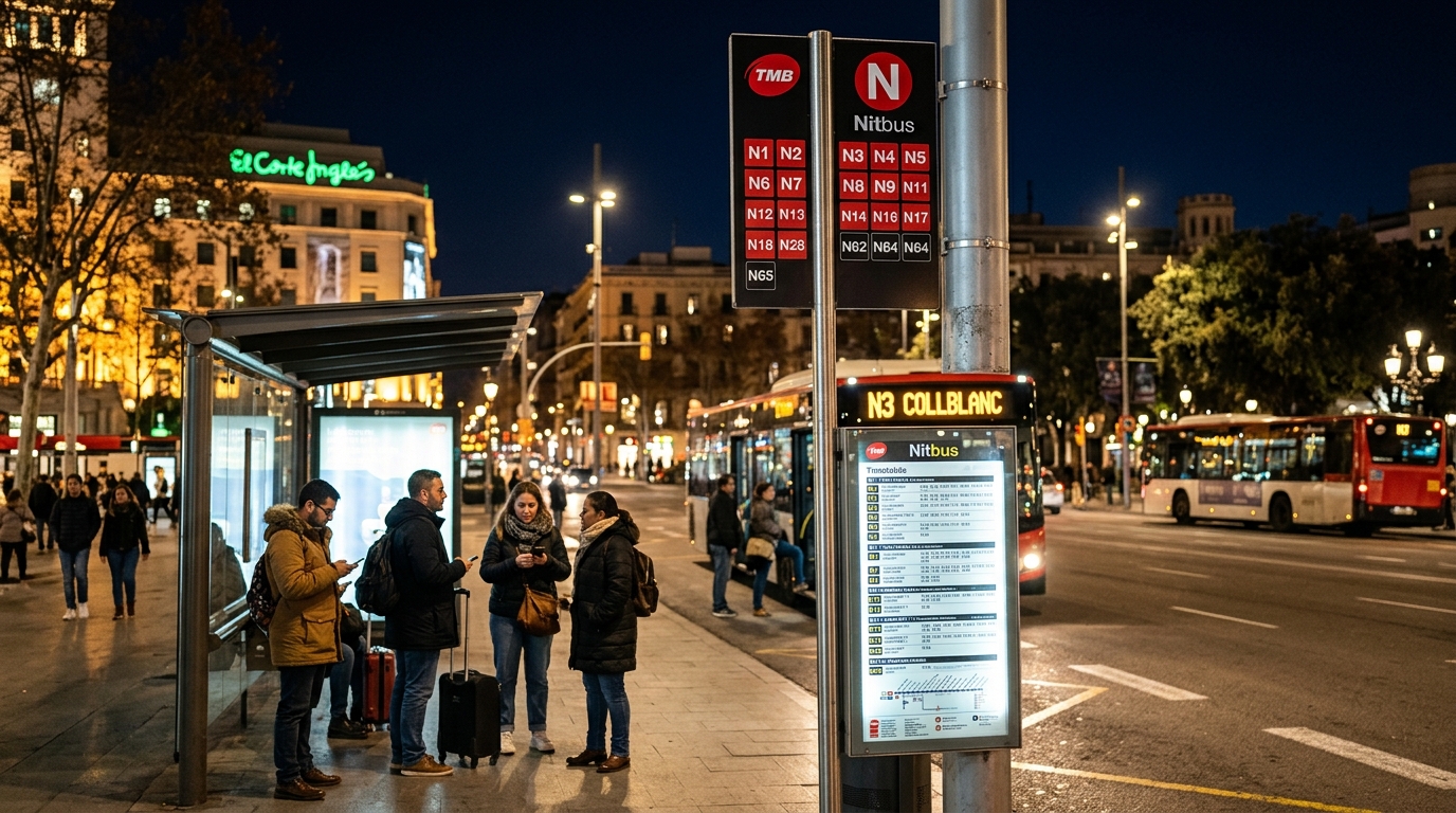 Przystanek NitBus na Plaça Catalunya nocą