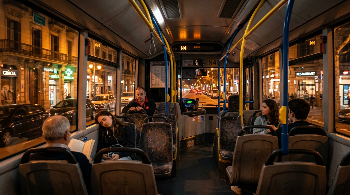 Wnętrze nocnego autobusu w Barcelonie