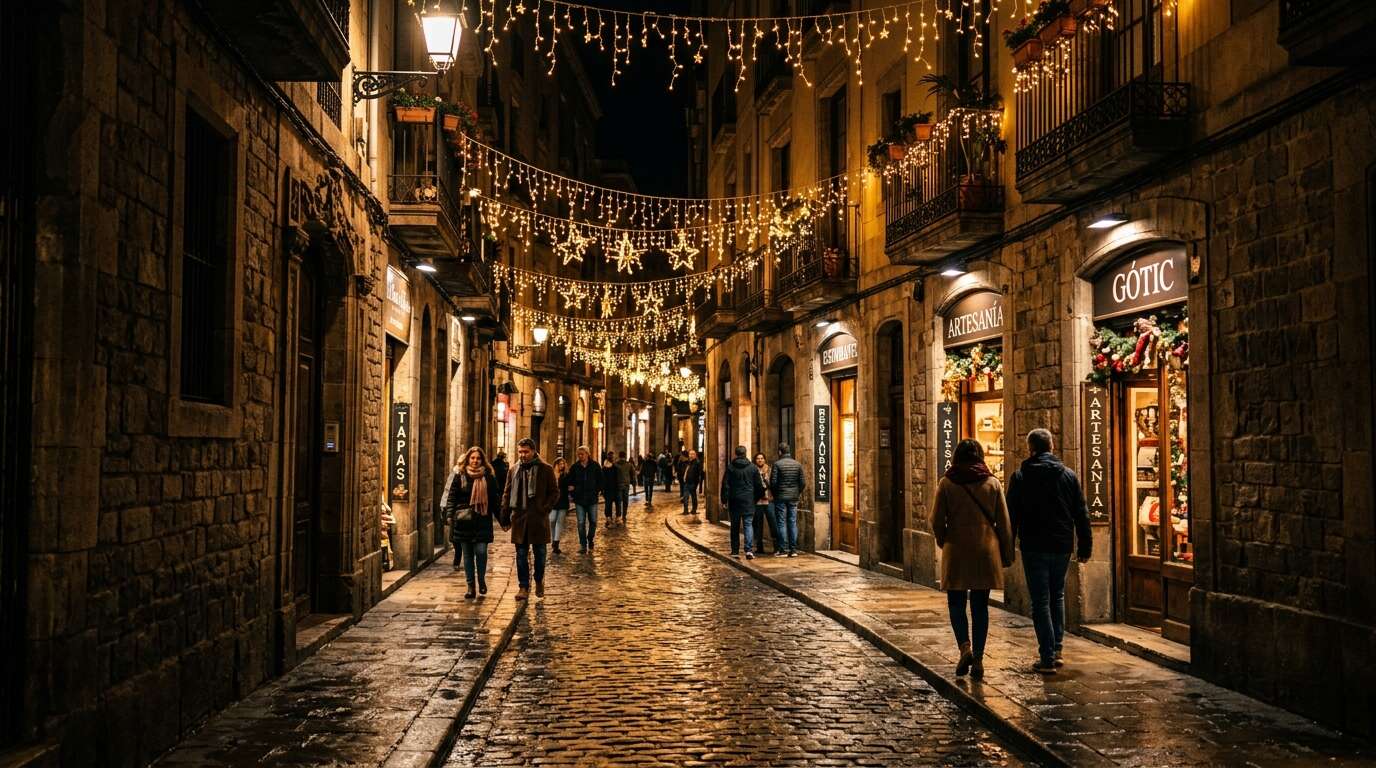 Świąteczne iluminacje w wąskiej uliczce Barri Gòtic w Barcelonie
