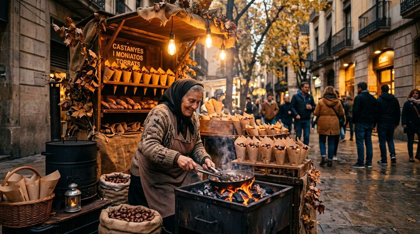 Castanyada — pieczone kasztany na ulicznym stoisku w Barcelonie