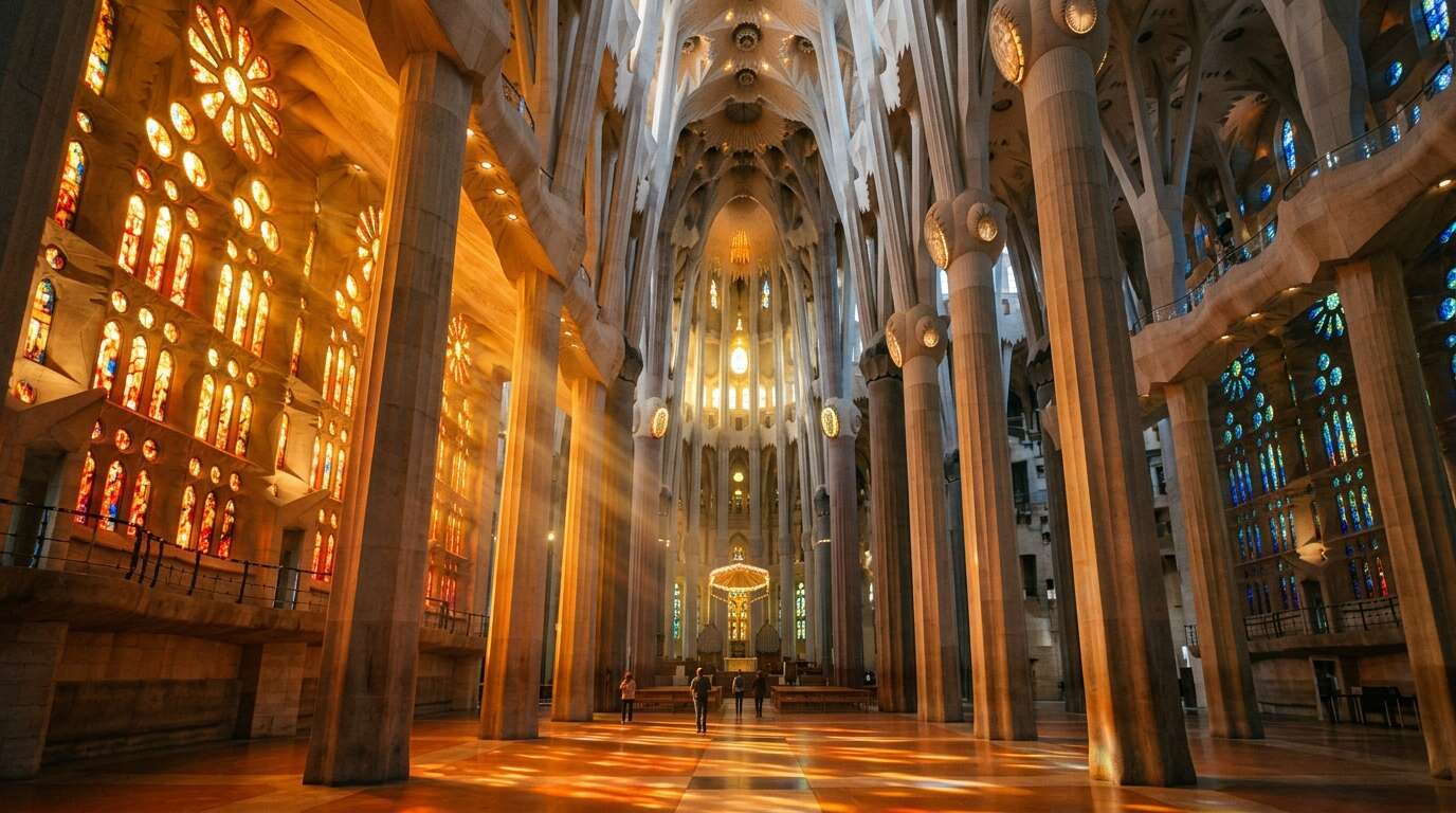 Wnętrze Sagrada Família w jesiennym świetle