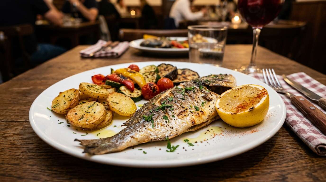 Menu del día w Barcelonie — gdzie zjeść trzydaniowy obiad za 12–16 € i nie wyjść głodnym 4 Menu del día w Barcelonie — drugie danie z grillowaną rybą i warzywami
