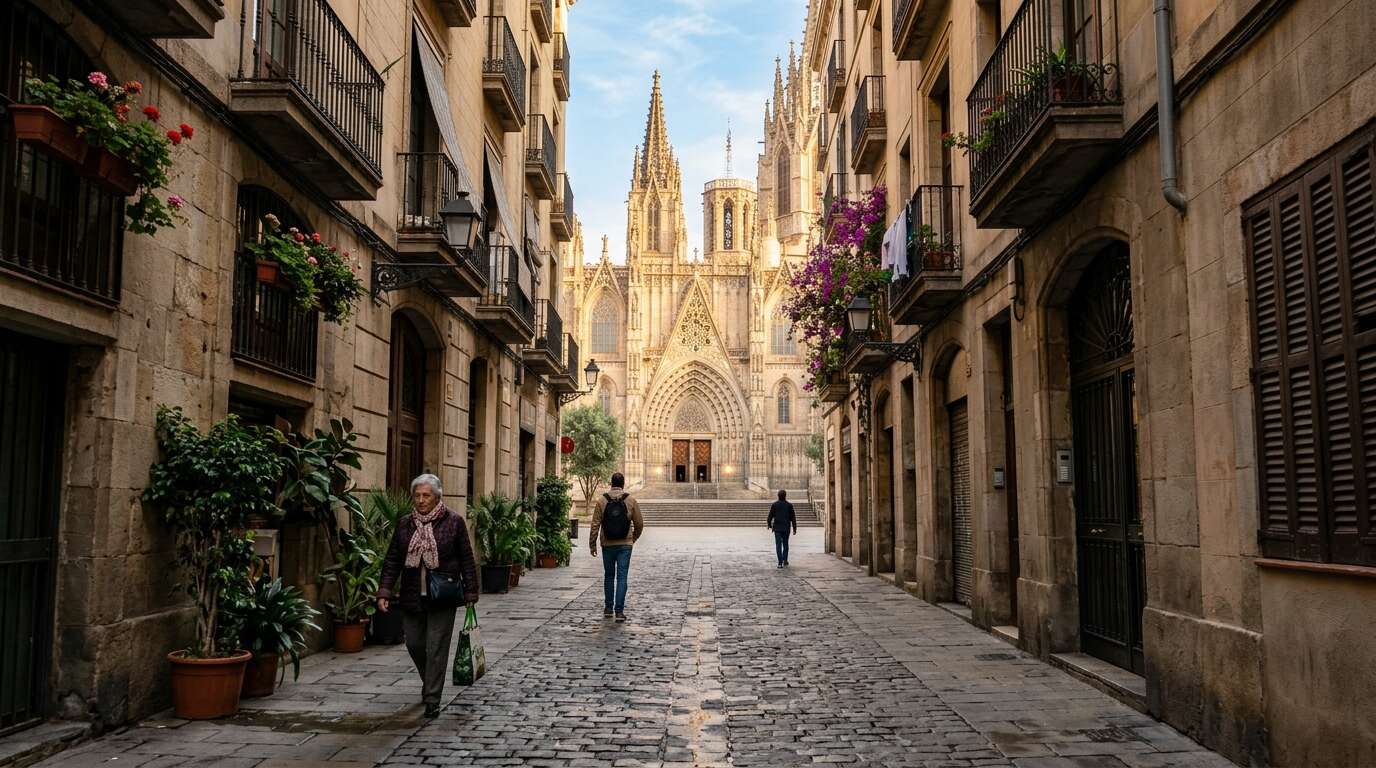Barri Gòtic w Barcelonie o poranku — wąskie uliczki i katedra