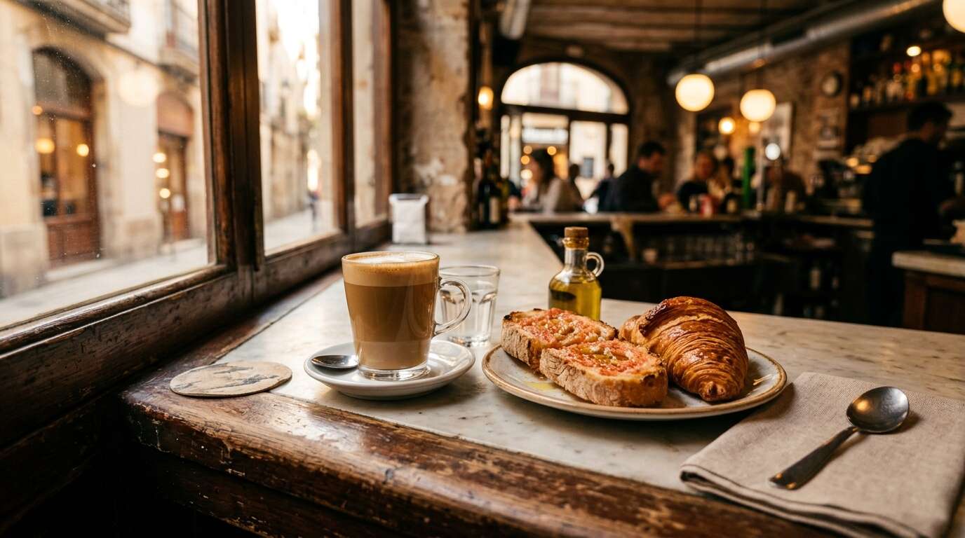 Godziny posiłków w Barcelonie — o której jada się obiad i kolację, żeby nie trafić na zamkniętą kuchnię 4 Śniadanie w Barcelonie — cafe con leche i tostada con tomate na barze