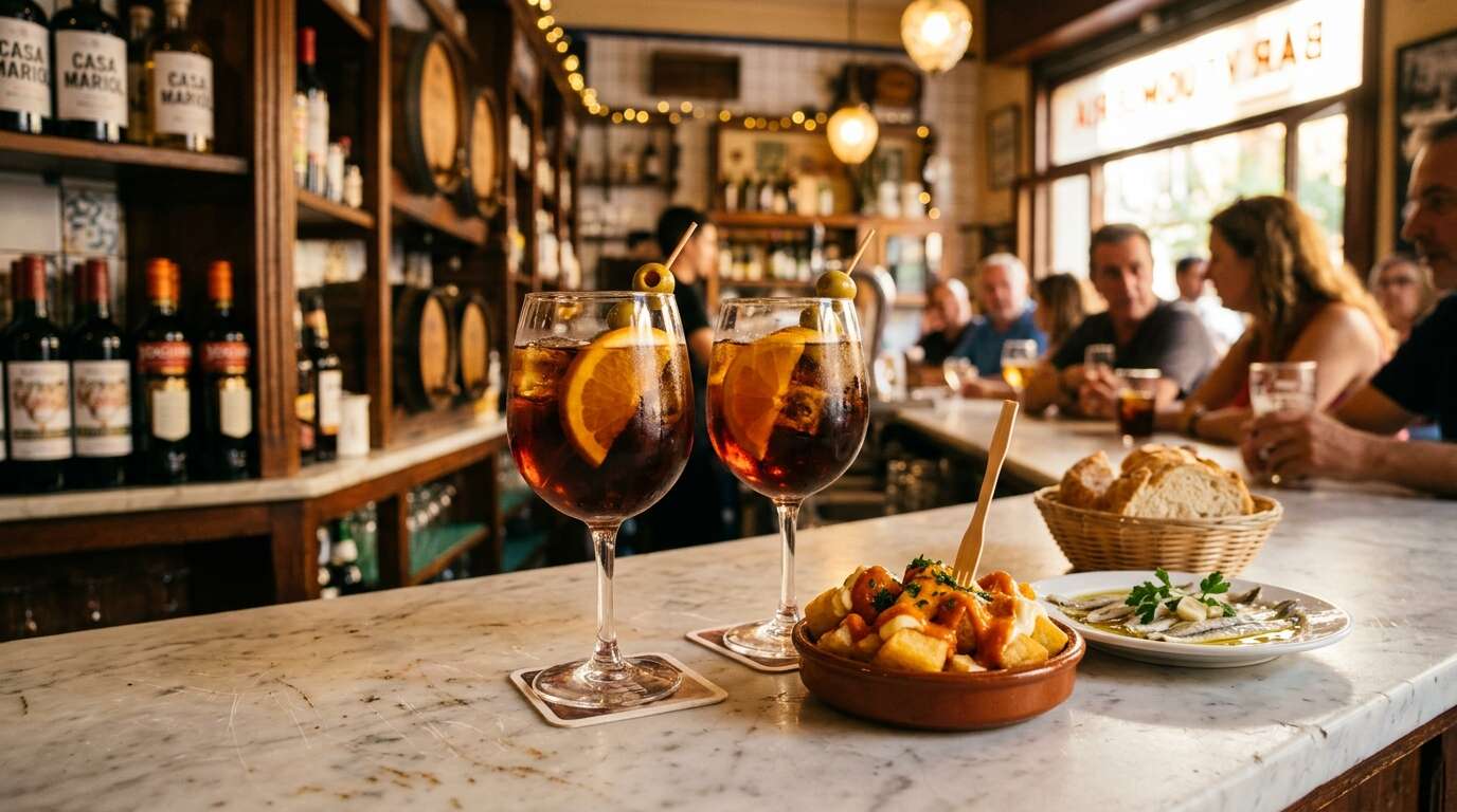 Godziny posiłków w Barcelonie — o której jada się obiad i kolację, żeby nie trafić na zamkniętą kuchnię 5 Vermut w Barcelonie — kieliszek wermutu z pomarańczą i oliwką oraz tapas