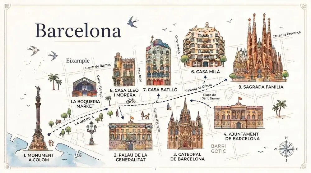 Wycieczki po Barcelonie po polsku — pięć rodzajów i dla kogo są 1 Ilustrowana mapa trasy: pomnik Kolumba, La Rambla, katedra, Casa Batllo, Casa Mila, Sagrada Familia