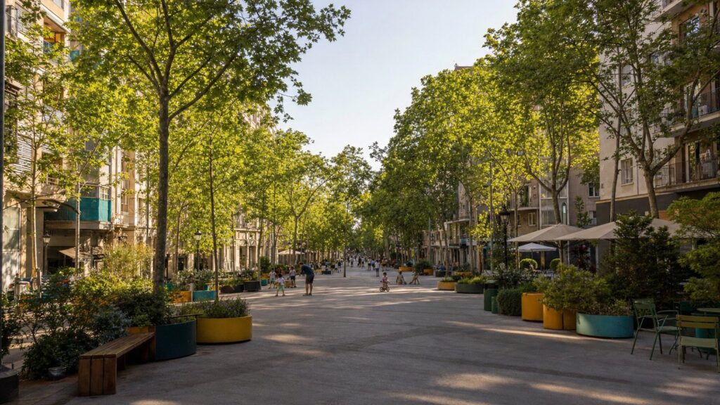 Zielony superblok w barcelońskim Eixample — zadrzewiony deptak z ławkami zamiast samochodów