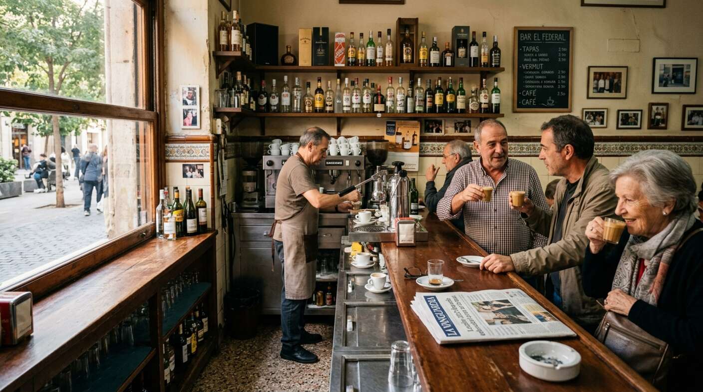 Bar de barrio w Barcelonie — kawa przy ladzie i regularni goście