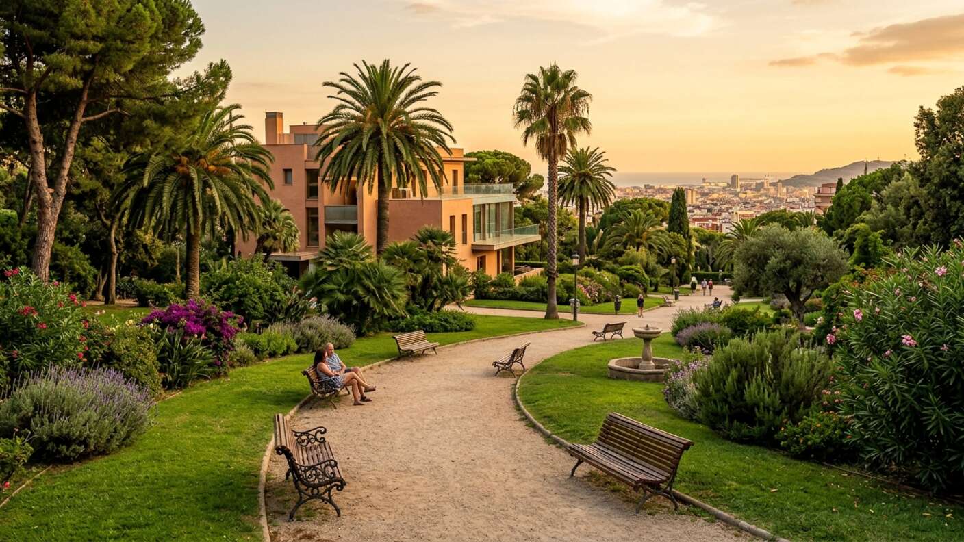 Park Can Buxeres z pałacykiem i palmami w L'Hospitalet de Llobregat