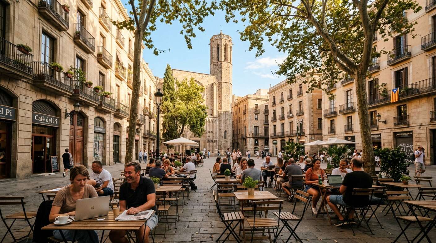 Plac w Barcelonie z tarasami kawiarni pod platanami