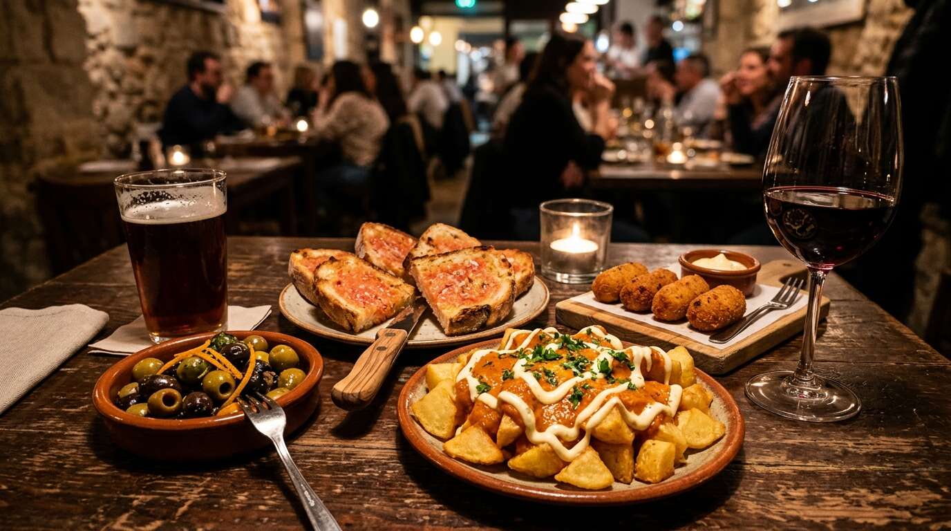 Tapas i wino w barcelońskim barze nocą