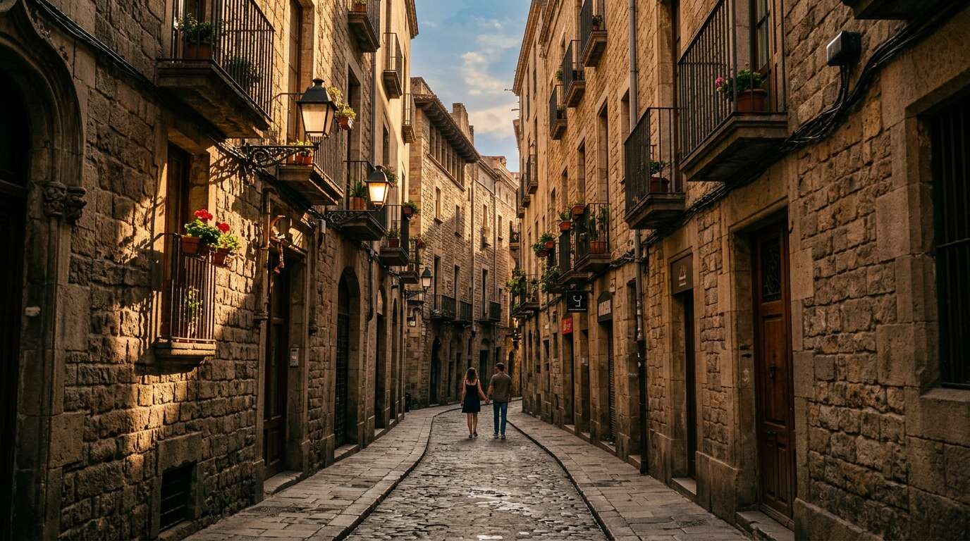 Wąskie uliczki dzielnicy Barri Gòtic w Barcelonie