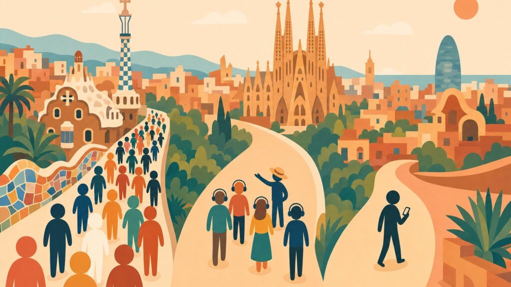 Trzy sposoby zwiedzania Barcelony — free tour w dużej grupie, spacer z przewodnikiem w małej grupie ze słuchawkami i samodzielne zwiedzanie z telefonem