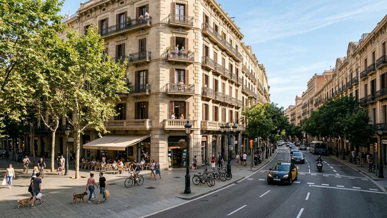 Eixample w Barcelonie — szerokie ulice i charakterystyczne ścięte narożniki kamienic