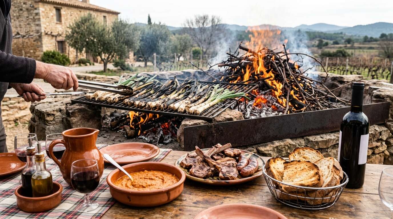 Calçots pieczone nad ogniem z winorośli — calçotada