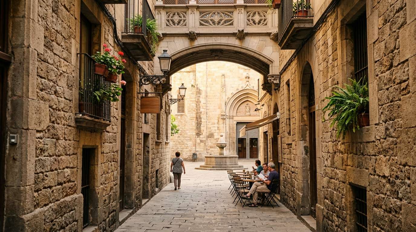Pierwszy raz w Barcelonie — co zobaczyć w 2 dni i czego nie planować 5 Wąska uliczka w dzielnicy gotyckiej (Barri Gòtic) w Barcelonie