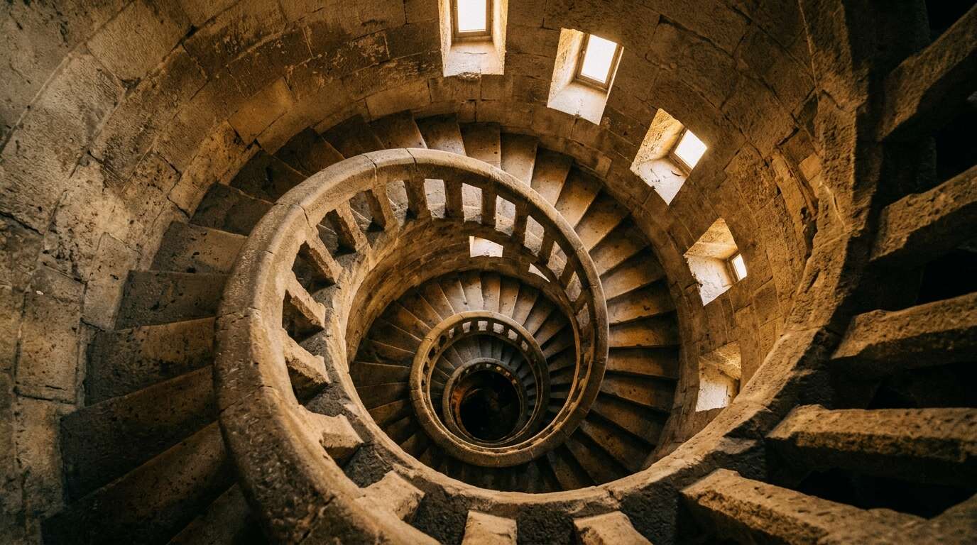 Wieże Sagrada Família — Narodzenia czy Męki: którą wybrać, jak wygląda wjazd i zejście i dla kogo wieża to zły pomysł 4 Spiralne schody na zejściu z wieży Sagrada Família