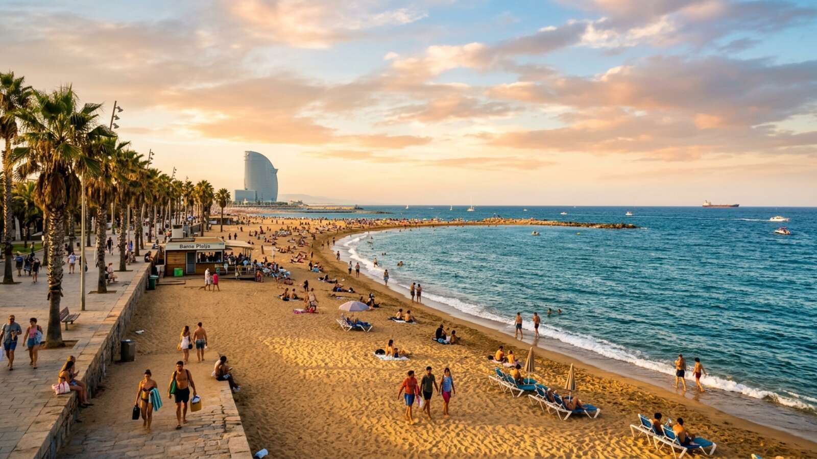 Plaża Barceloneta z palmami i Morzem Śródziemnym